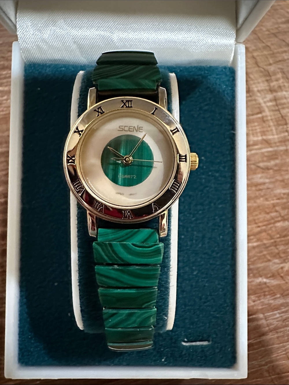 Scene Gold-Tone Watch with Green Malachite Dial  Green Strap